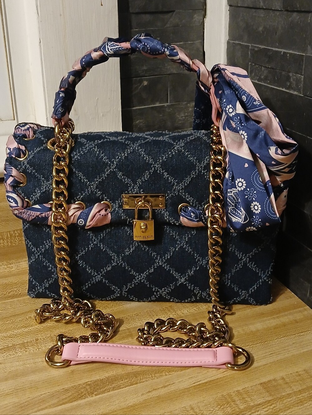 Kurt Geiger NWT Denim Brixton W/Braided Scarf Decor & Dustbag